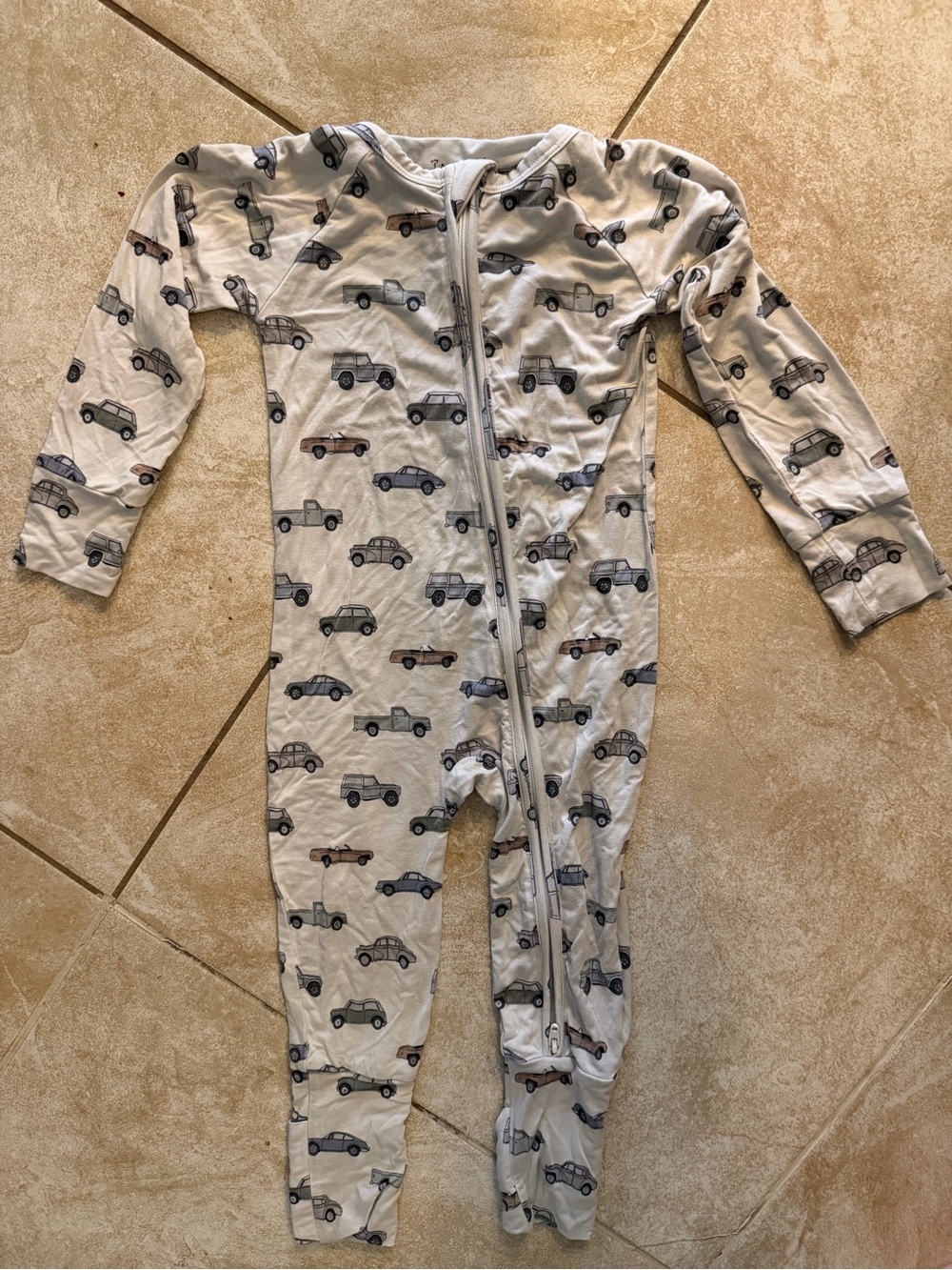 Cream Kids Zip-Front Footie Pajamas with Car Print